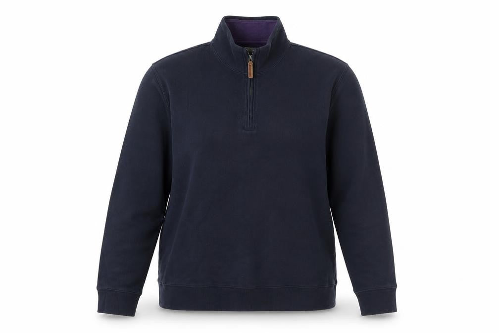 Front view of Landsend women’s blue cotton pullover sweatshirt, size M, zip
