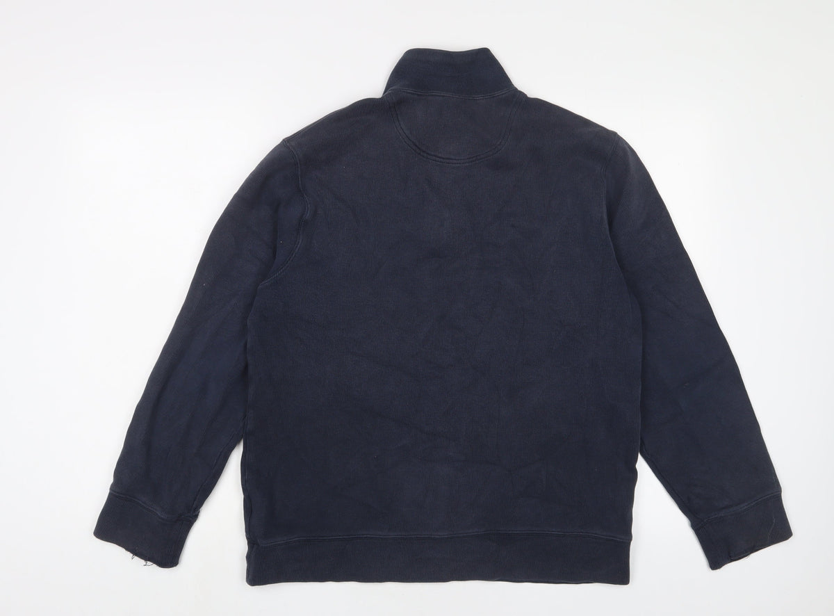 Back view of Landsend women’s blue cotton pullover sweatshirt, size M, zip