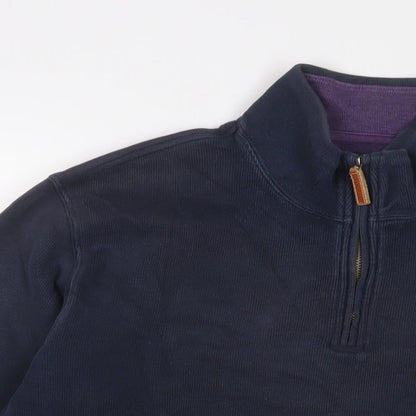 Close-up detail of Landsend women’s blue cotton pullover sweatshirt, size M, zip