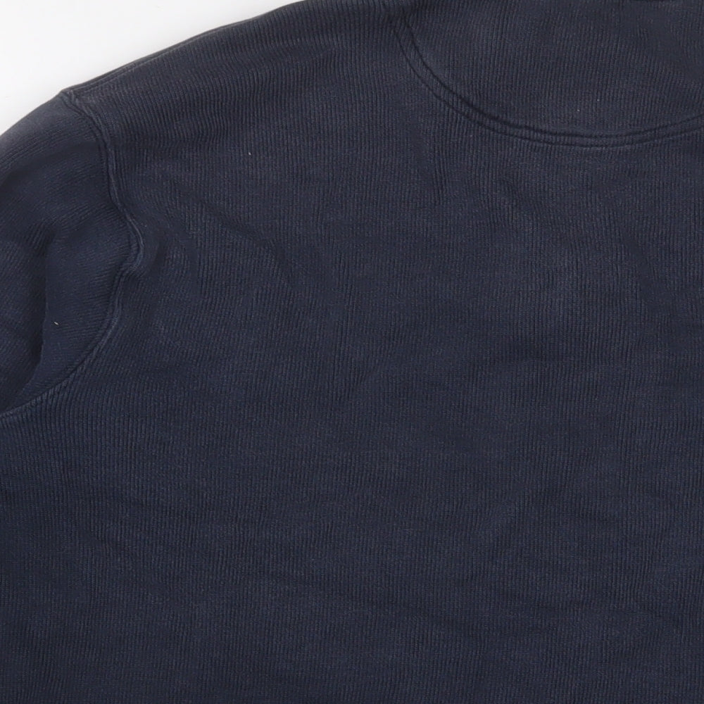 Brand and care label for Landsend women’s blue cotton pullover sweatshirt, size M, zip