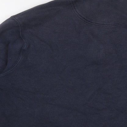 Brand and care label for Landsend women’s blue cotton pullover sweatshirt, size M, zip