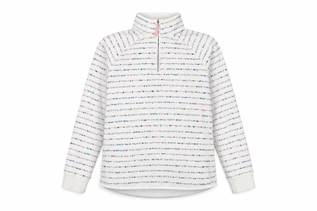 Front view of Crew Clothing White Striped Cotton Pullover Sweatshirt, size 8, Zip