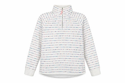 Front view of Crew Clothing White Striped Cotton Pullover Sweatshirt, size 8, Zip