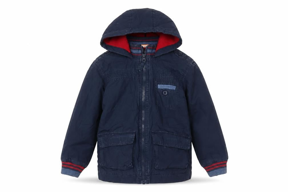 Front view of MINIMODE boys’ blue basic coat coat, size 4-5, years zip