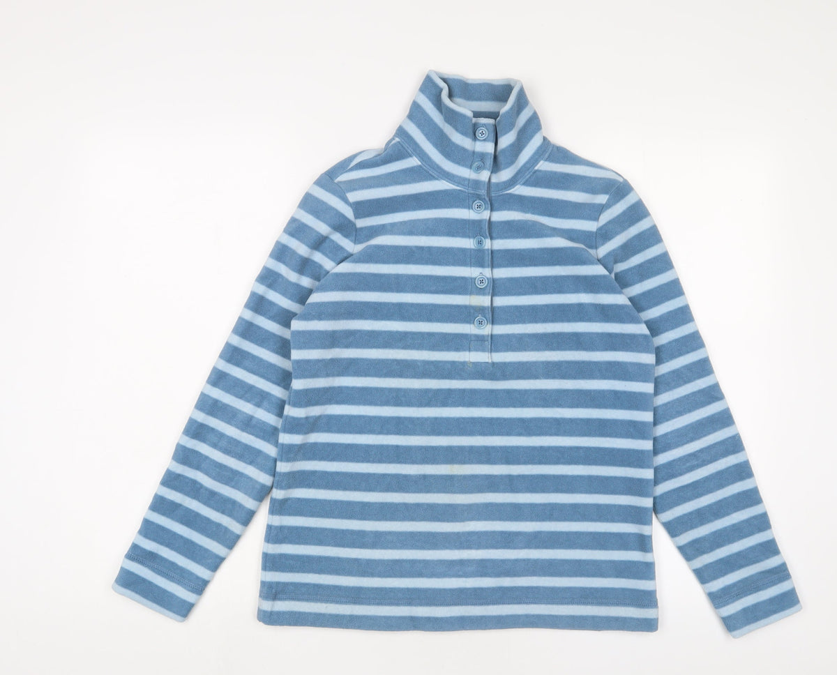 Additional front view of Landsend women’s blue striped polyester pullover sweatshirt, size XS, button