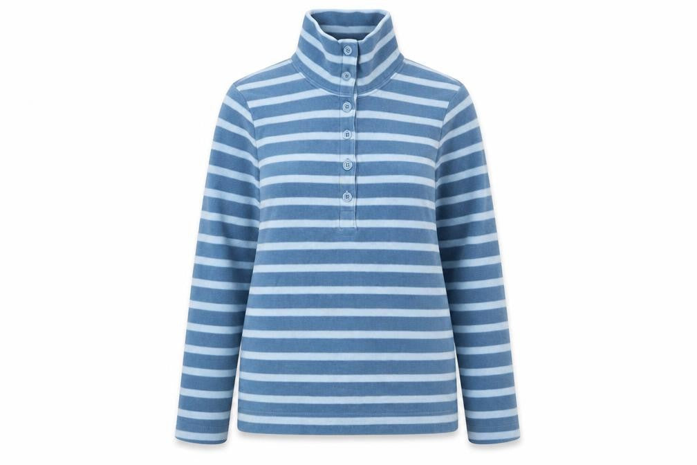 Front view of Landsend women’s blue striped polyester pullover sweatshirt, size XS, button