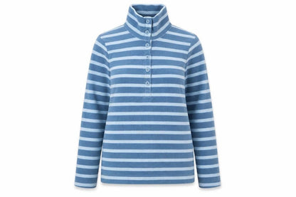Front view of Landsend women’s blue striped polyester pullover sweatshirt, size XS, button