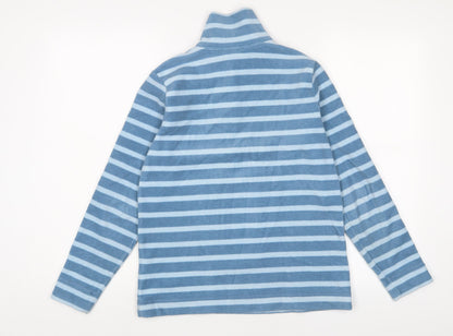 Back view of Landsend women’s blue striped polyester pullover sweatshirt, size XS, button