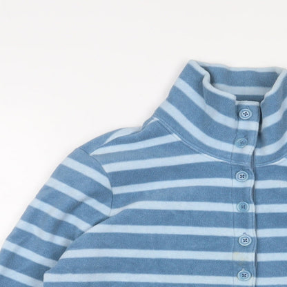 Close-up detail of Landsend women’s blue striped polyester pullover sweatshirt, size XS, button