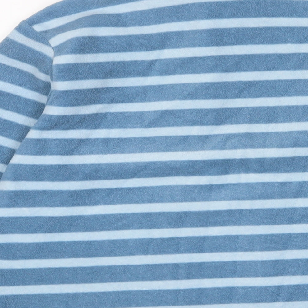 Brand and care label for Landsend women’s blue striped polyester pullover sweatshirt, size XS, button
