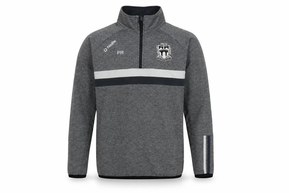 Front view of O Neills men’s grey crew neck polyester jumper, size S, long sleeve - logo