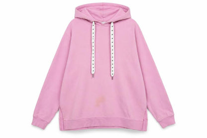 Front view of Only women’s pink cotton pullover hoodie, size XL, - logo