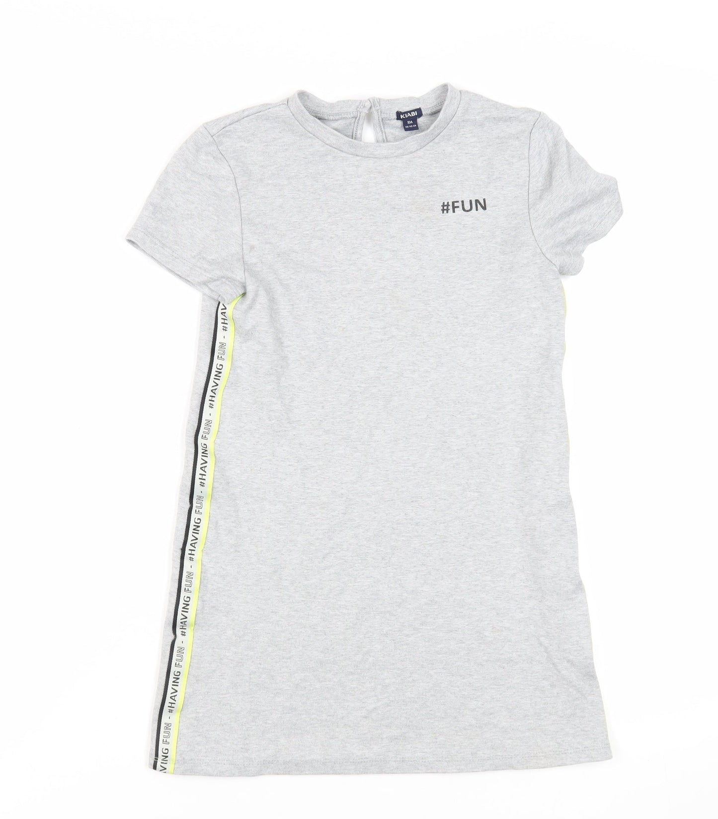 Kiabi Girls Grey Cotton T-Shirt Dress Size 10 Years Crew Neck Button - Side Stripe