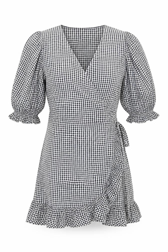 Next Womens Black Gingham Viscose Wrap Dress Size 8 V-Neck Tie - Ruffle