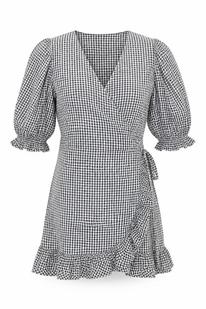 Next Womens Black Gingham Viscose Wrap Dress Size 8 V-Neck Tie - Ruffle