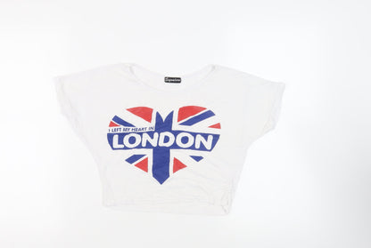 Signature Womens White Viscose Cropped T-Shirt Size M Round Neck - London Heart
