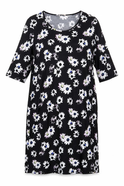 Anthology Womens Black Floral Polyester T-Shirt Dress Size 20 Round Neck Pullover