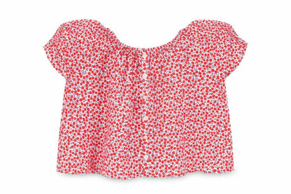 Front view of Next girls’ red geometric viscose basic blouse, size 12, years off the shoulder pullover