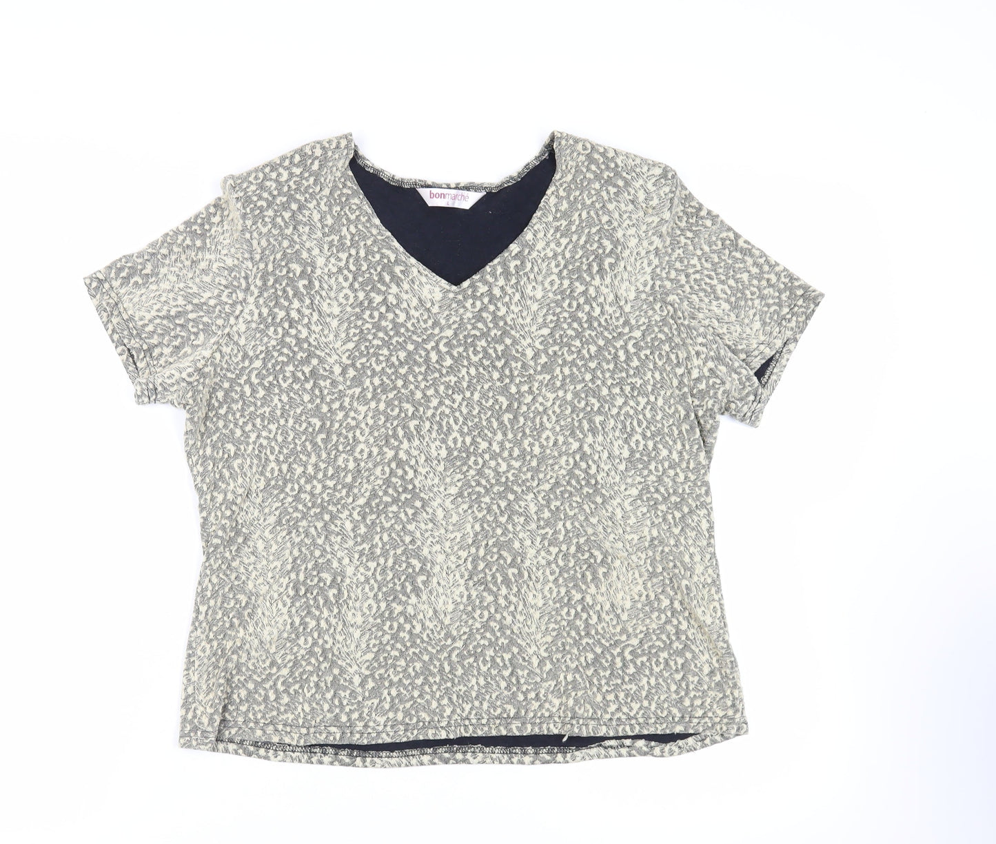 Bonmarché Womens Beige Animal Print Polyester Basic Blouse Size L V-Neck - Shoulder Pads