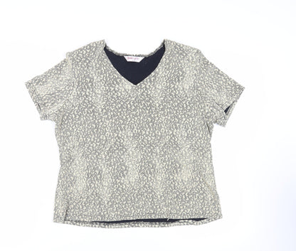 Bonmarché Womens Beige Animal Print Polyester Basic Blouse Size L V-Neck - Shoulder Pads