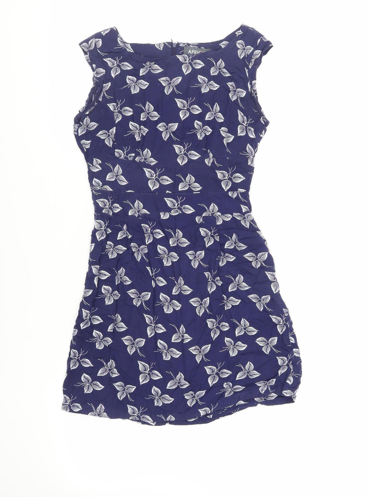 Apricot Womens Blue Geometric Viscose Mini Size 10 Boat Neck Zip - Leaf Pattern