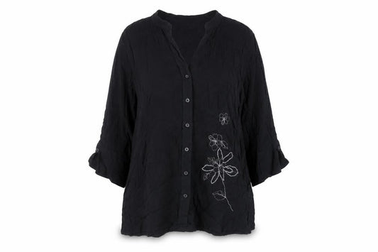 Marks & Spencer Womens Black Viscose Basic Button-Up Size XL V-Neck - Embroidered Detail
