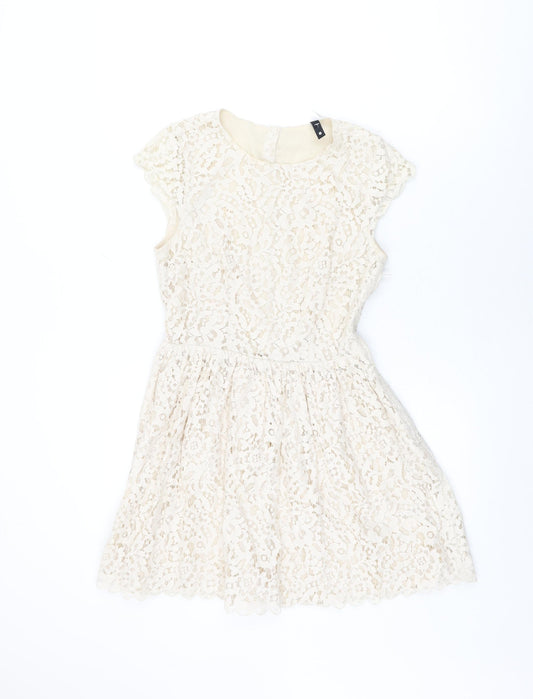 H&M Womens Beige Floral Cotton Skater Dress Size 8 Round Neck Zip