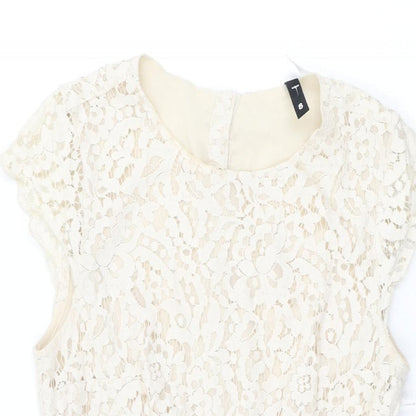 H&M Womens Beige Floral Cotton Skater Dress Size 8 Round Neck Zip