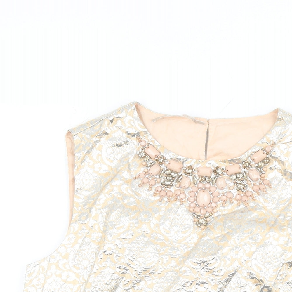 Stefanel Womens Beige Geometric Polyester Basic T-Shirt Size XS Round Neck - Jewel Detail on Neckline