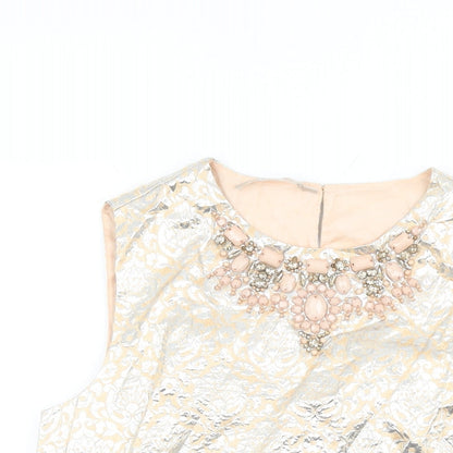 Stefanel Womens Beige Geometric Polyester Basic T-Shirt Size XS Round Neck - Jewel Detail on Neckline