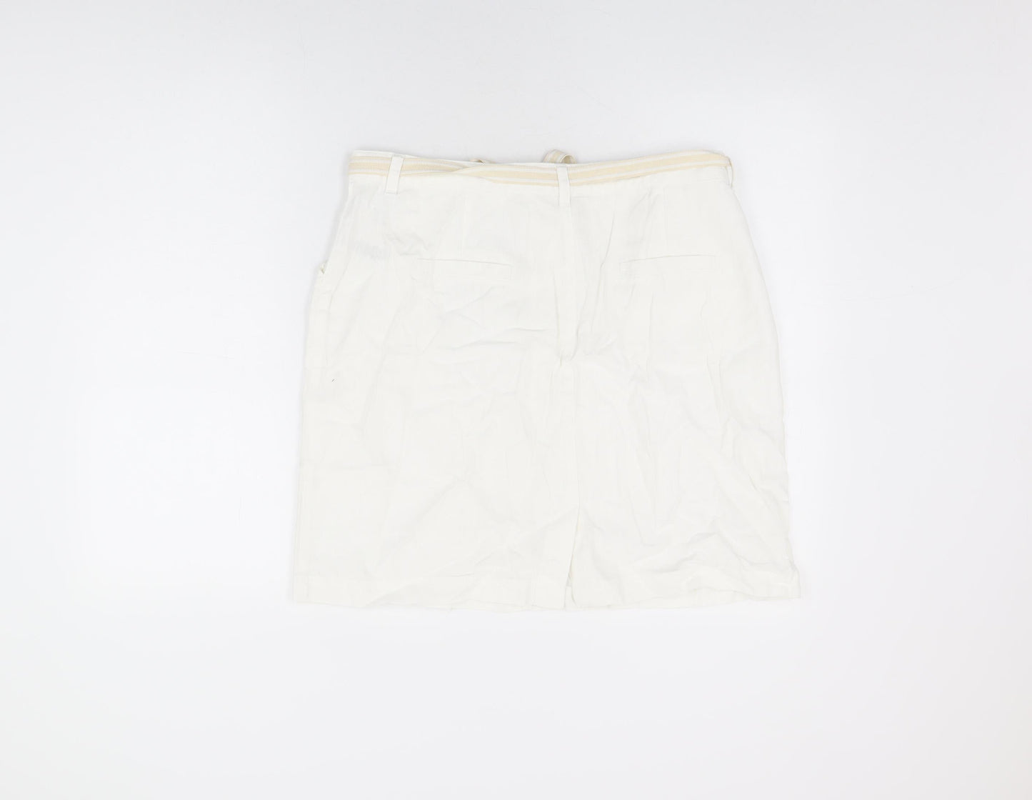 BHS Womens White Linen Mini Skirt Size 16 Zip - Belted