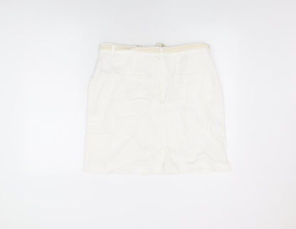 BHS Womens White Linen Mini Skirt Size 16 Zip - Belted