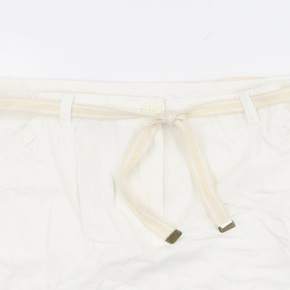BHS Womens White Linen Mini Skirt Size 16 Zip - Belted