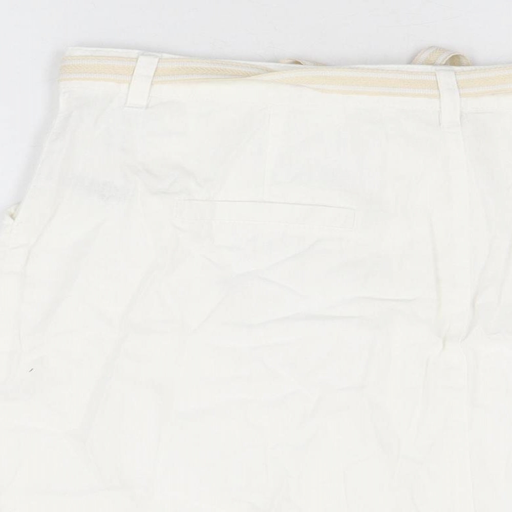 BHS Womens White Linen Mini Skirt Size 16 Zip - Belted