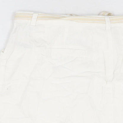 BHS Womens White Linen Mini Skirt Size 16 Zip - Belted