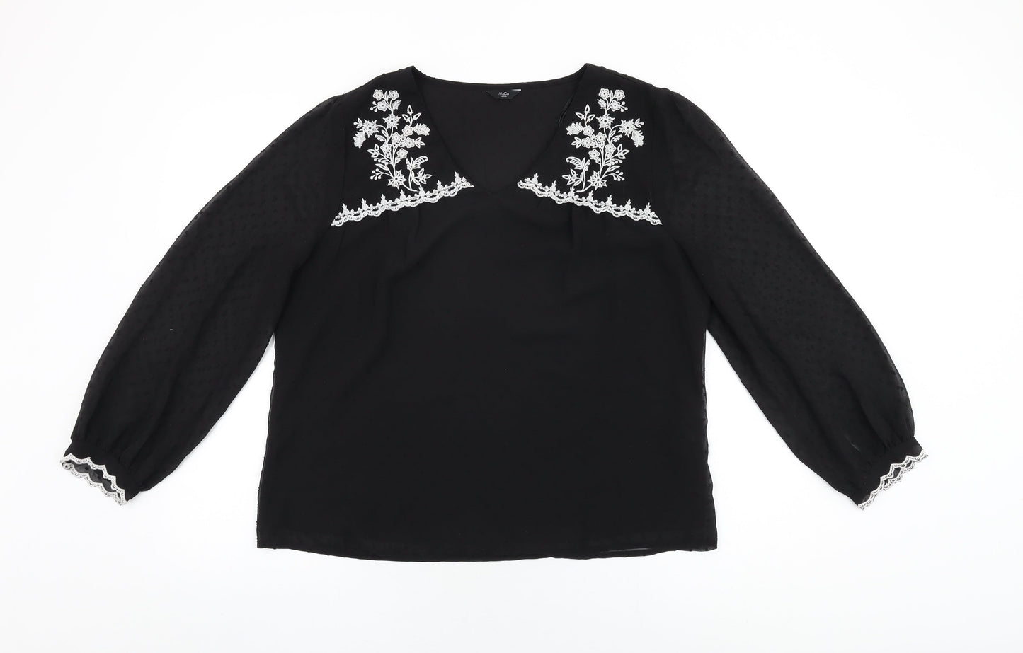 M&Co Womens Black Floral Polyester Basic Blouse Size 16 V-Neck