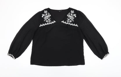 M&Co Womens Black Floral Polyester Basic Blouse Size 16 V-Neck