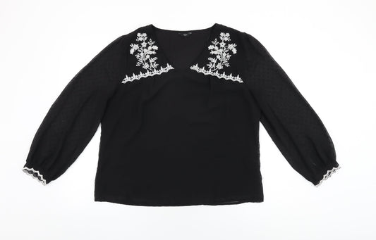 M&Co Womens Black Floral Polyester Basic Blouse Size 16 V-Neck