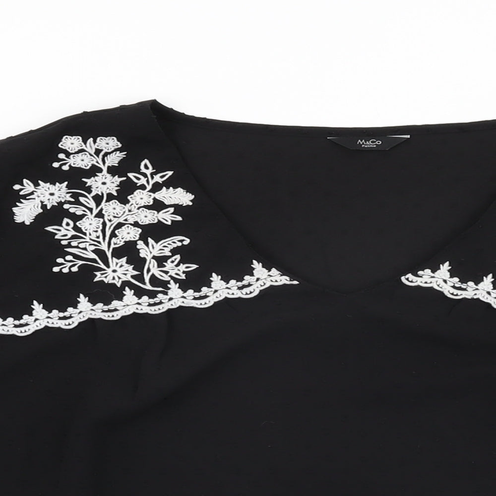 M&Co Womens Black Floral Polyester Basic Blouse Size 16 V-Neck