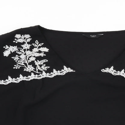M&Co Womens Black Floral Polyester Basic Blouse Size 16 V-Neck
