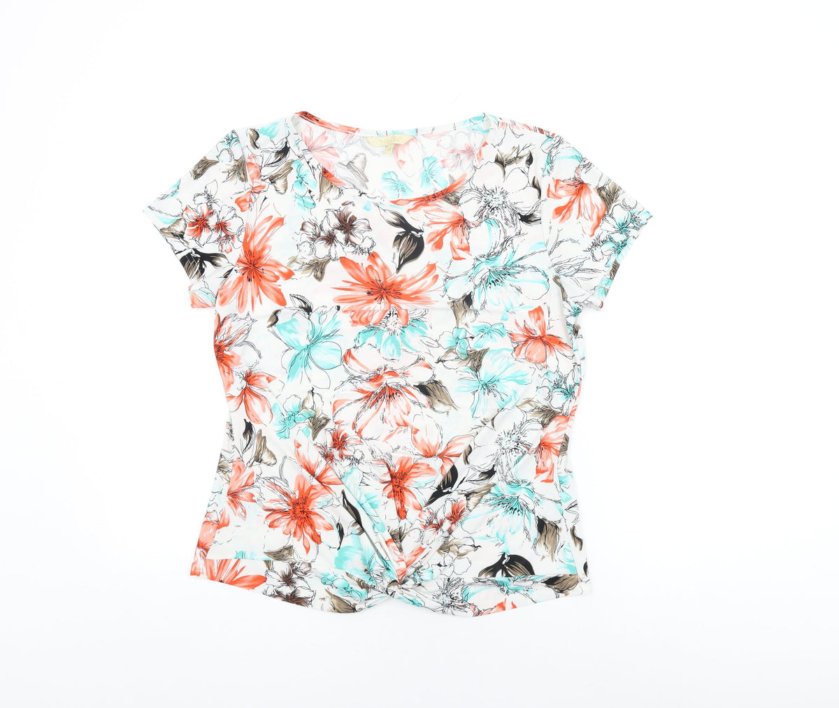 Vida Vi Womens White Floral Polyester Basic T-Shirt Size 14 Round Neck