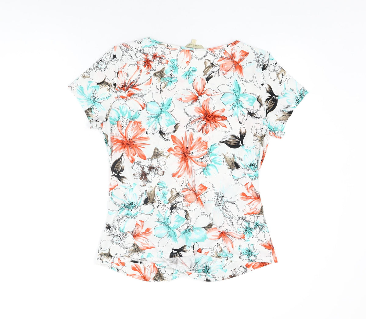 Vida Vi Womens White Floral Polyester Basic T-Shirt Size 14 Round Neck