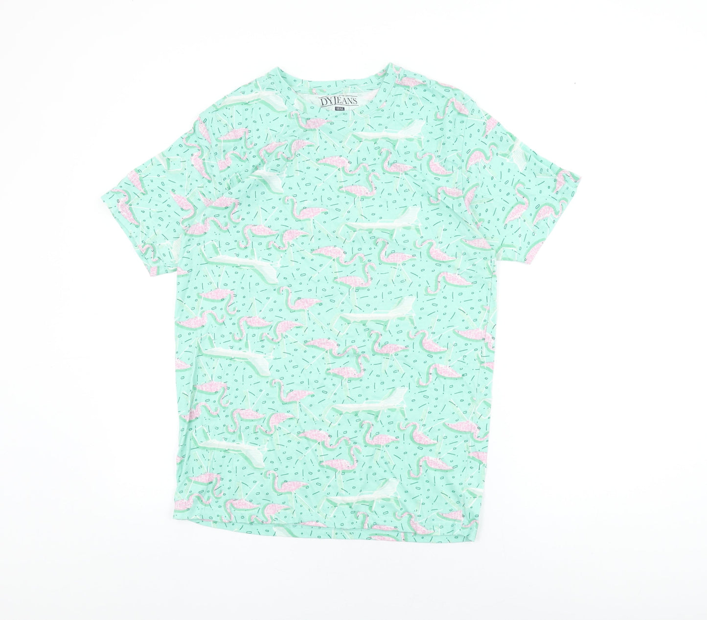 DY Jeans Womens Green Geometric Cotton Basic T-Shirt Size M Round Neck - Flamingo