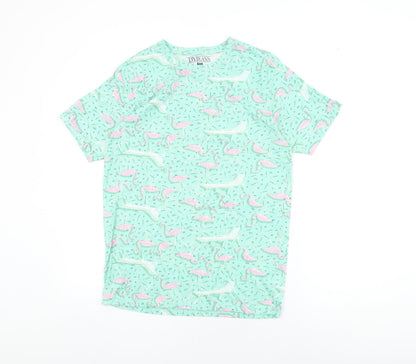 DY Jeans Womens Green Geometric Cotton Basic T-Shirt Size M Round Neck - Flamingo