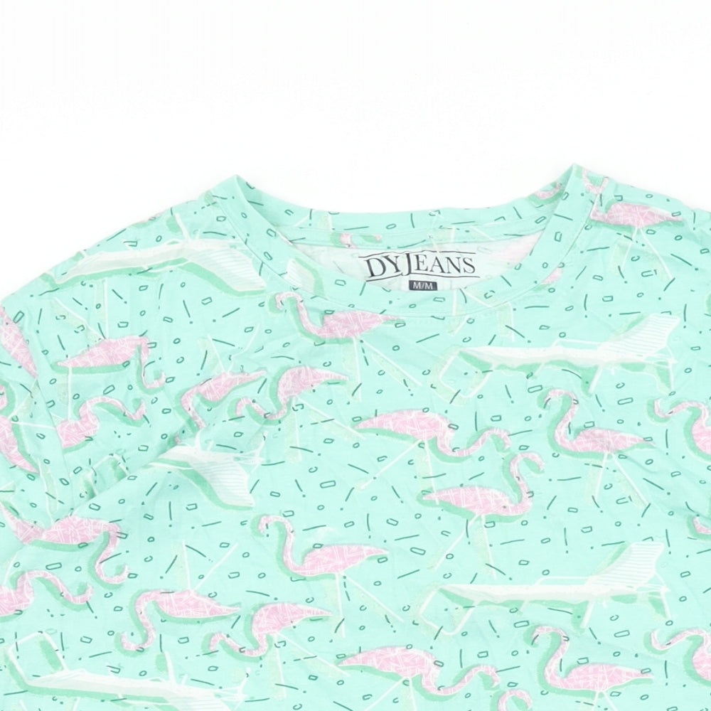 DY Jeans Womens Green Geometric Cotton Basic T-Shirt Size M Round Neck - Flamingo