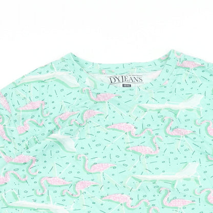 DY Jeans Womens Green Geometric Cotton Basic T-Shirt Size M Round Neck - Flamingo