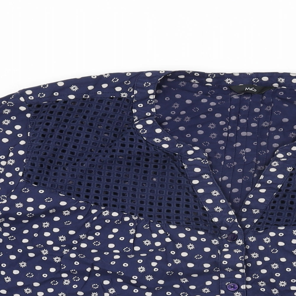 M&Co Womens Blue Geometric Cotton Basic Button-Up Size 20 V-Neck