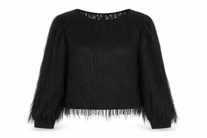 Golden Days Womens Black Polyester Basic Blouse Size M Round Neck - Tassles