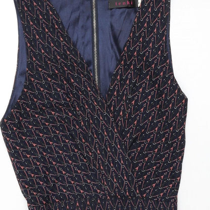 Tenki Womens Blue Geometric Polyester Skater Dress Size 8 V-Neck Zip