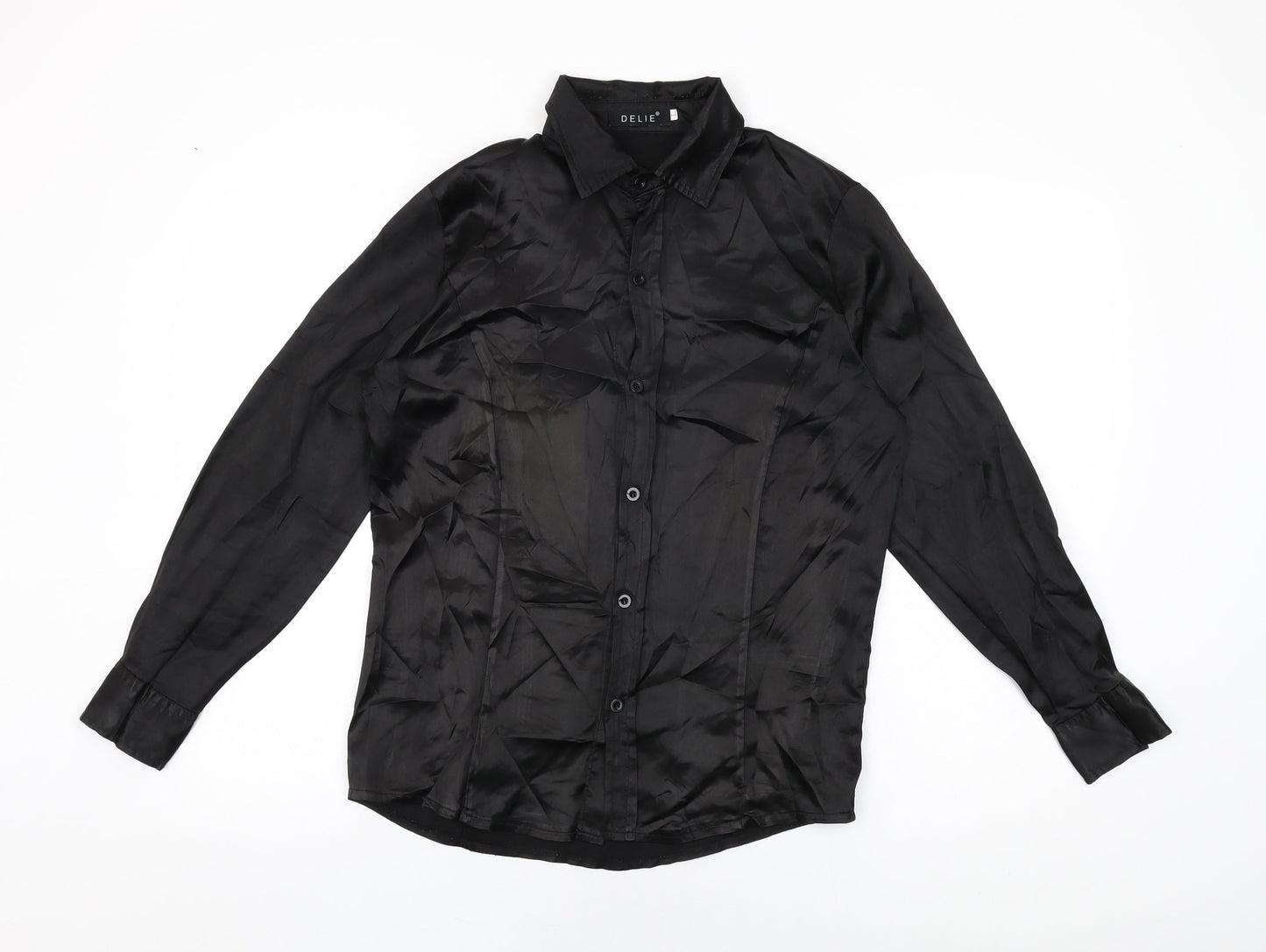 Delie Womens Black Polyester Basic Button-Up Size L Collared